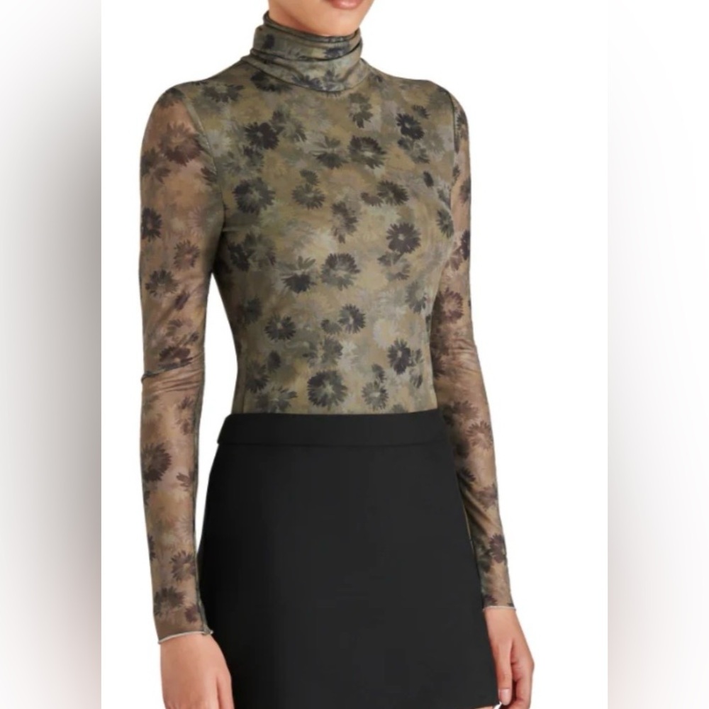Steve Madden Fiona Floral Print Top - Olive Green Brown/Black